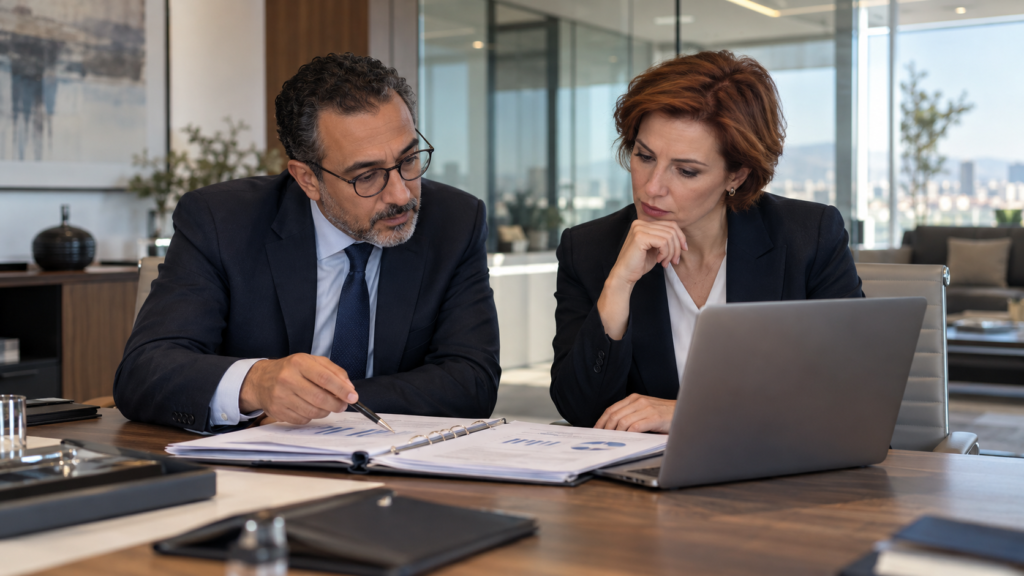 auditors comparing records in a glass office 12