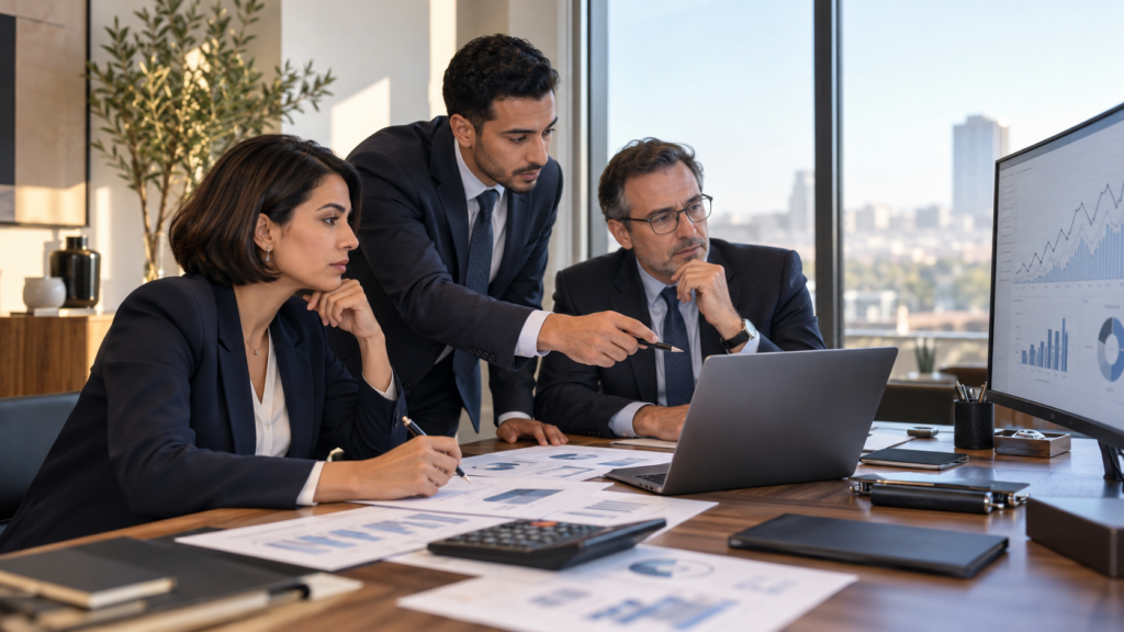 finance team reviewing performance charts 11